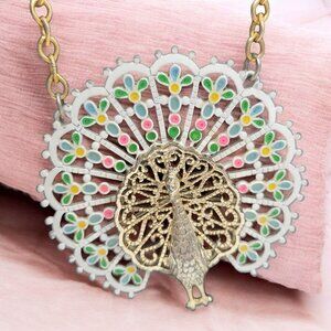 Vintage Gold Crown Gold Tone Peacock Statement Necklace